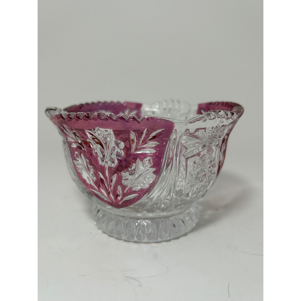 Vintage Cranberry Flash Pressed Glass Bowl Intaglio Floral Scalloped SawtoothRim - Picture 4 of 7